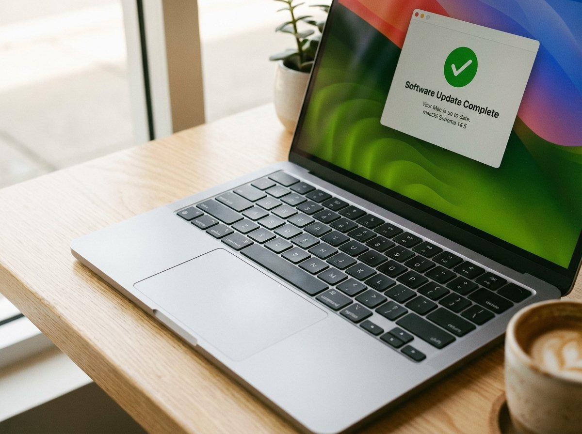 Close-up of a MacBook keyboard and trackpad in a brightly lit, minimalist cafe setting. The screen shows a "Software Update Complete" notification with a checkmark. Soft morning light, warm atmosphere, 4:3 aspect ratio.