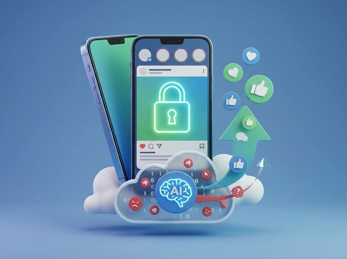 A conceptual illustration of a smartphone displaying a social media interface with a lock symbol on the screen, representing digital safety and AI content filtering, professional lighting, modern 3D style, 4:3 aspect ratio, no text.