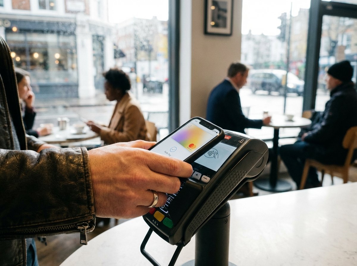 A close-up of a hand holding an iPhone to a contactless payment terminal in a modern London or New York street cafe. High quality, realistic lifestyle photography, bright natural lighting, no text, 4:3 aspect ratio.