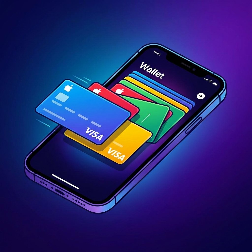 Illustration of various colorful credit cards with Visa logos being integrated into a digital Apple Wallet on a sleek iPhone screen. Modern high-contrast layout, clean background, no text, 1:1 aspect ratio.