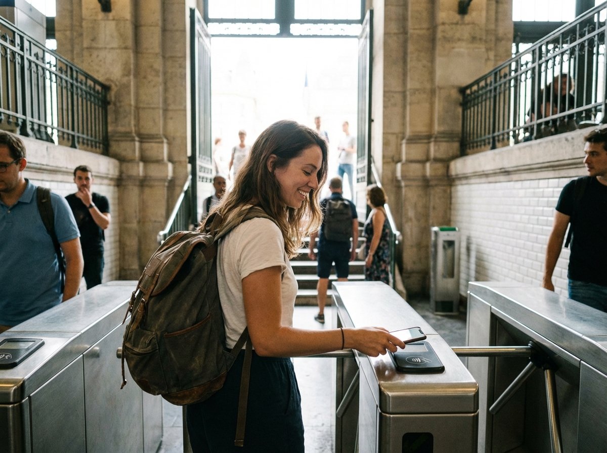 A smiling traveler with a backpack using an iPhone for Apple Pay at a subway turnstile in a European city. Bright natural lighting, lifestyle photography, realistic, no text, 4:3 aspect ratio.