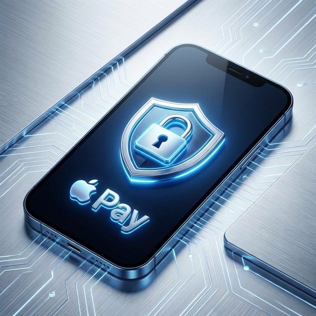 A secure digital lock icon glowing on an iPhone screen next to a stylized Apple Pay logo. Clean tech background, blue and silver tones, visually rich, no text, 1:1 aspect ratio.