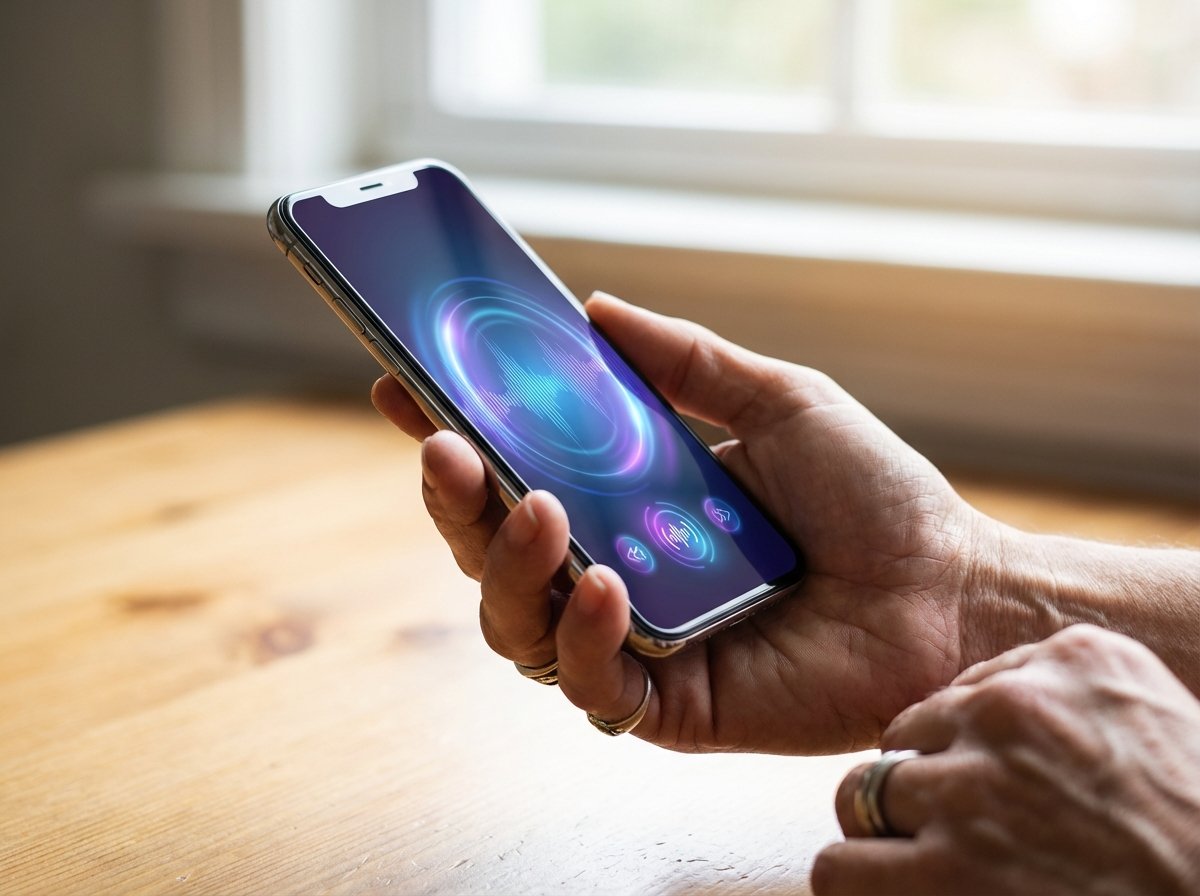A close up shot of a hand holding an iPhone with a glowing futuristic Siri interface on the screen, soft natural lighting, realistic photography, 4:3 aspect ratio, no text