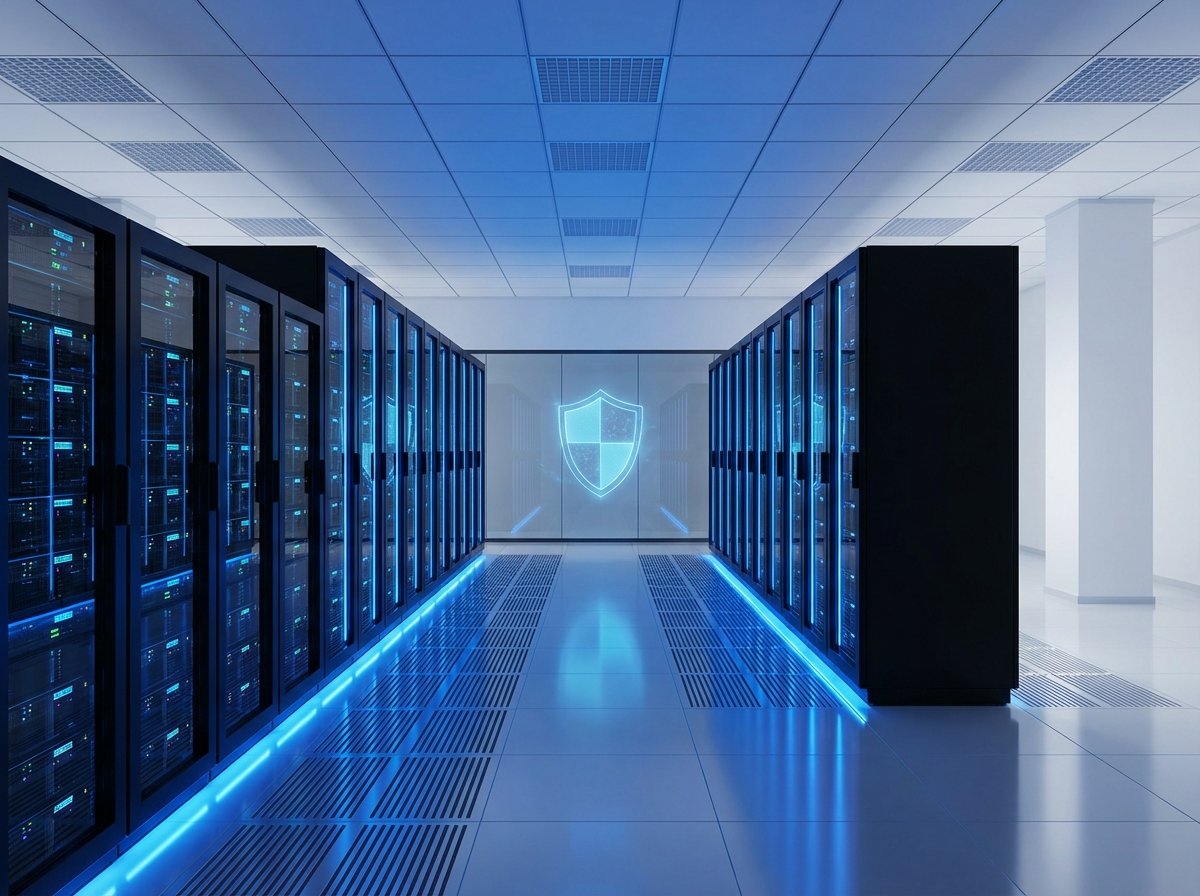 A professional and clean representation of a high tech server room with blue ambient lighting, symbolizing private cloud compute and security, wide angle, 4:3 aspect ratio, no text