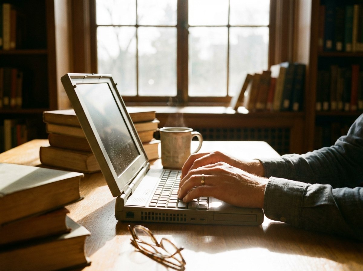 A lifestyle close-up shot of a person's hands typing on a laptop in a cozy library setting, warm sunlight filtering through windows, books stacked nearby, natural lighting, 4:3 aspect ratio, no text