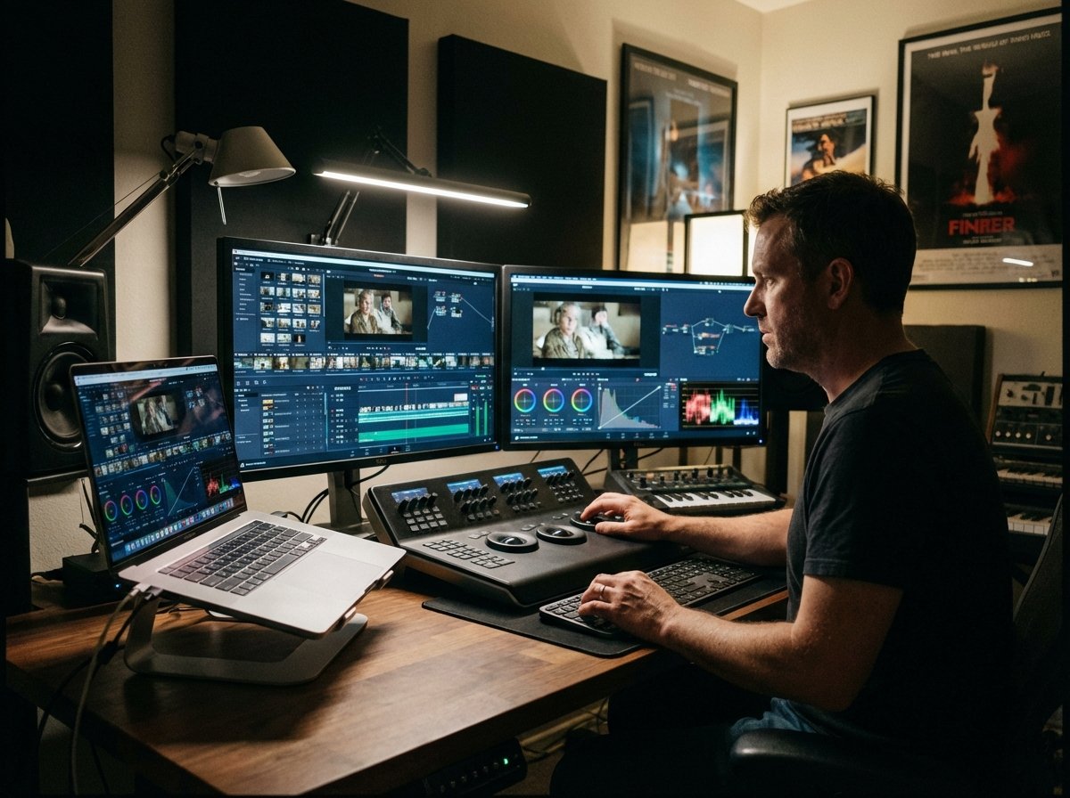 A professional video editor working in a dimly lit studio. A 16-inch MacBook Pro is connected to two large high-resolution monitors showing complex 8K video editing software. Realistic lighting, professional atmosphere, 4:3 aspect ratio, no text.