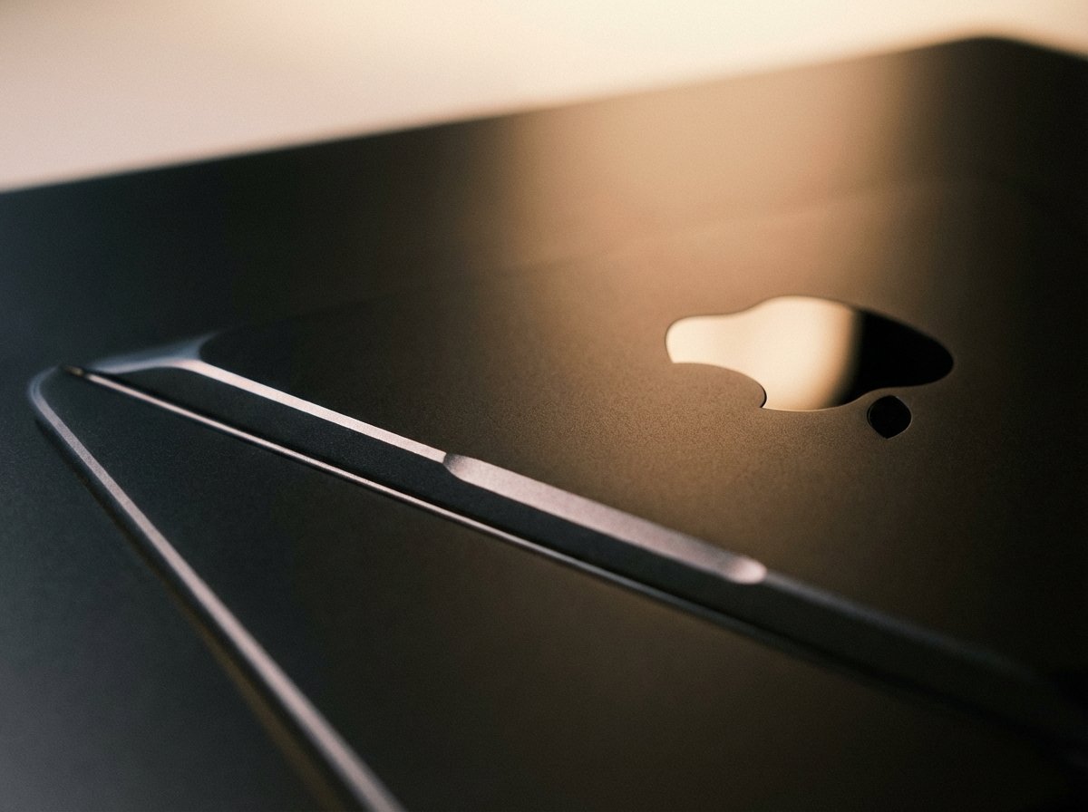 Close-up of a space black MacBook Pro's aluminum chassis, focusing on the refined edge and the Apple logo reflecting soft ambient light. Minimalist and premium look, sharp details, 4:3 aspect ratio, no text.