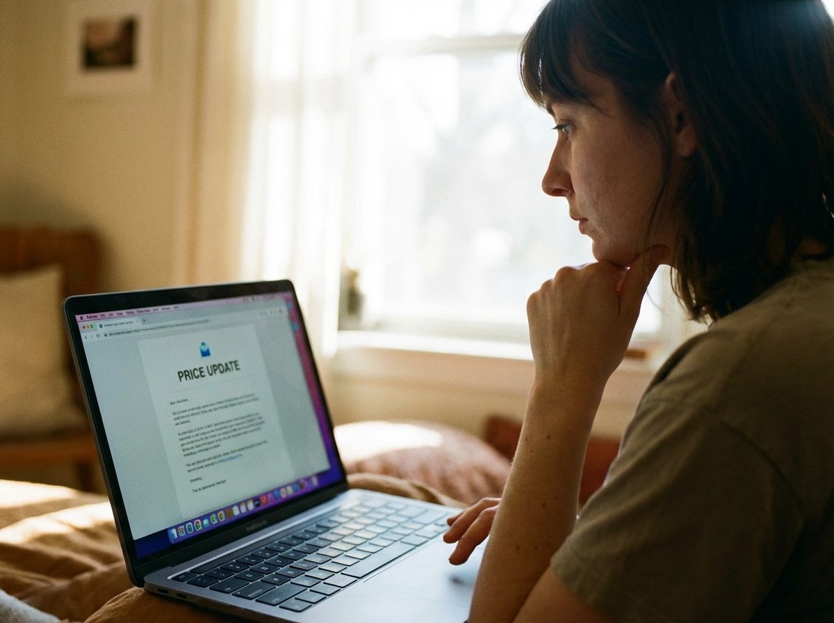 A medium shot of a person looking at a laptop screen displaying a notification letter about a price update, soft natural lighting. 4:3 aspect ratio, no text.