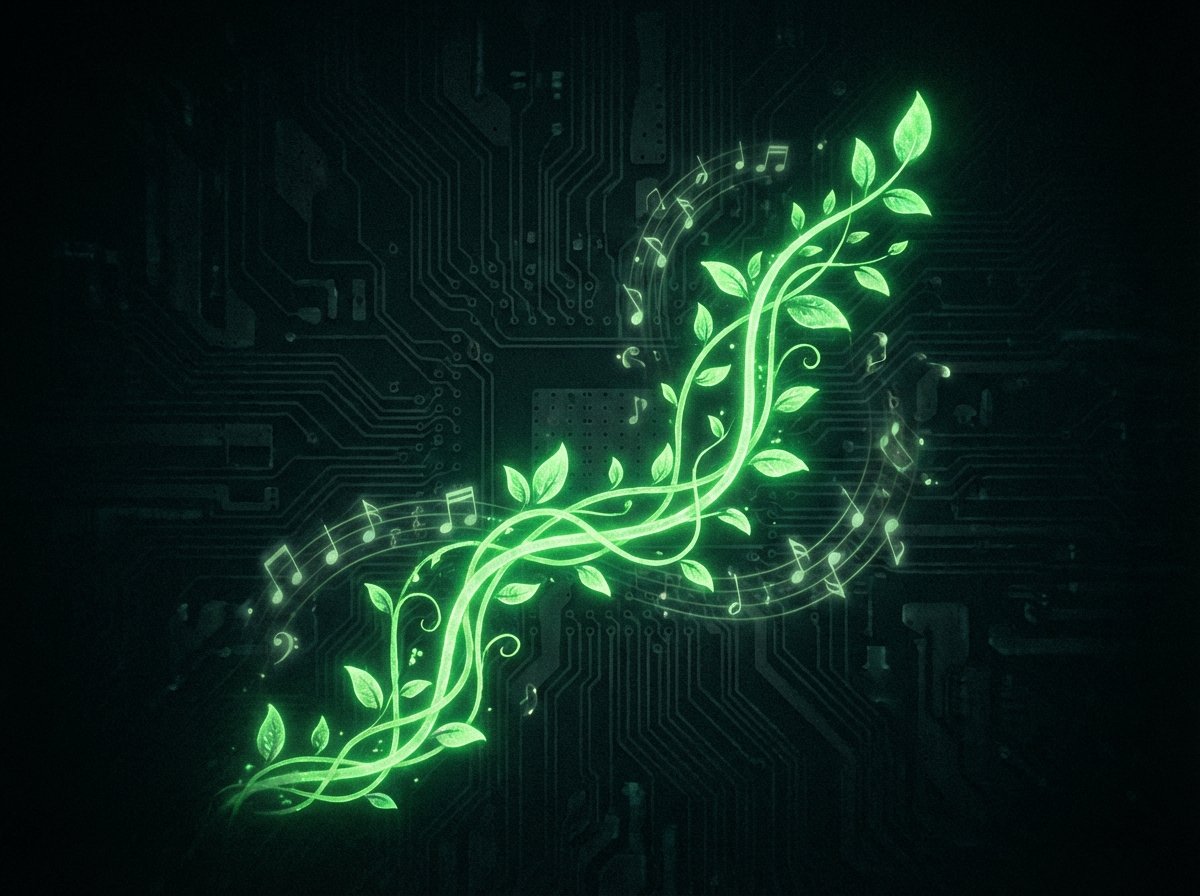 An artistic representation of a rising green growth line on a dark digital background with subtle music notes floating around. 4:3 aspect ratio, no text.