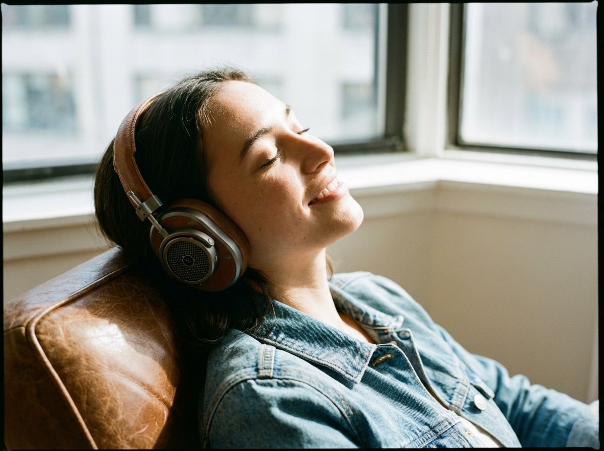 A close-up shot of a person wearing premium over-ear headphones, leaning back and smiling slightly while listening to music. 4:3 aspect ratio, no text.