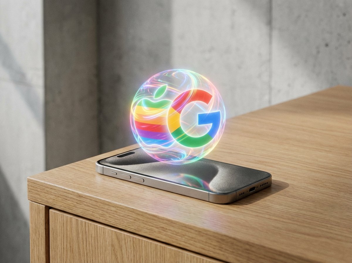 A modern iPhone showing a glowing holographic AI sphere on the screen with a blend of Apple and Google brand colors, minimalist background, high quality, 4:3 aspect ratio, no text