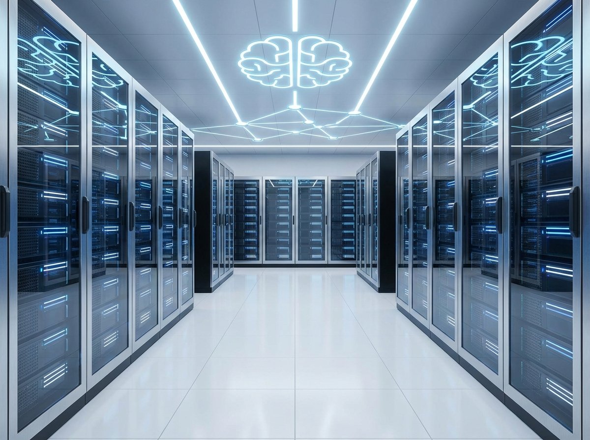 Futuristic clean data center with glowing blue and white server racks, symbolizing advanced AI cloud computing, professional photography style, 4:3 aspect ratio, no text
