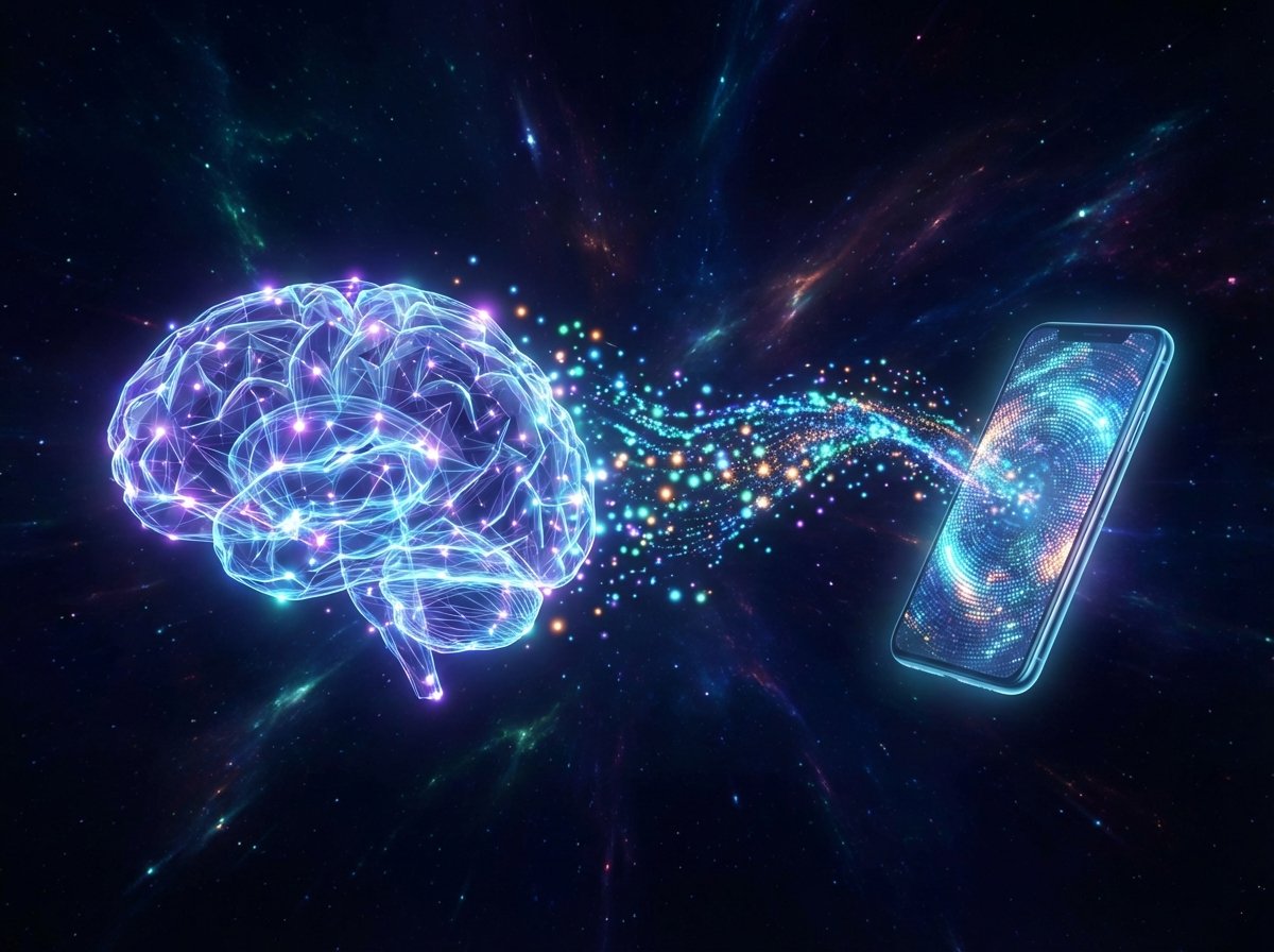 Abstract representation of a digital brain connected to a smartphone through glowing light particles, artistic rendering, dark background with vibrant highlights, 4:3 aspect ratio, no text