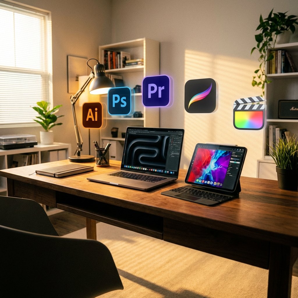 A professional and modern creative workspace featuring a MacBook Pro and an iPad Pro on a sleek wooden desk. Floating semi-transparent icons of creative software apps are artistically arranged around the devices. The lighting is warm and inspiring, with a clean and organized background. High contrast, cinematic lighting, 1:1 aspect ratio, no text.