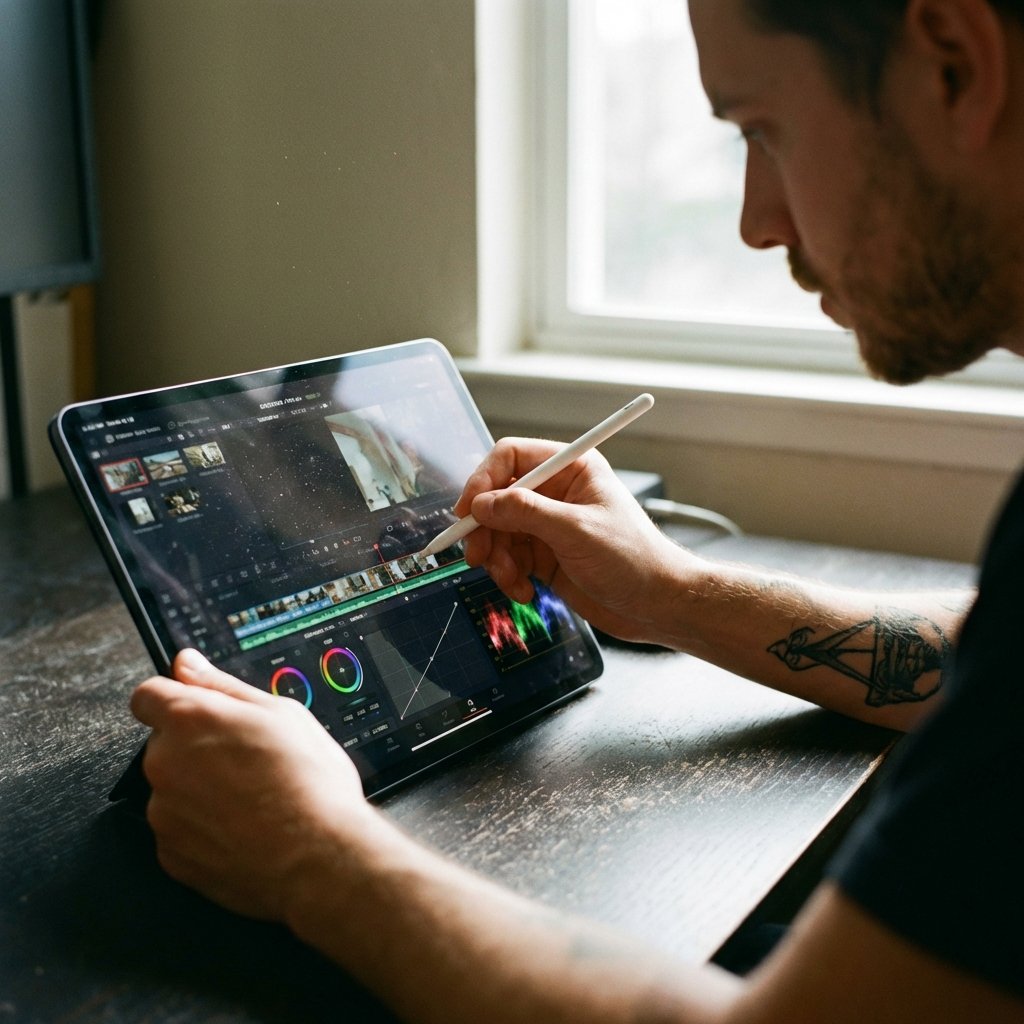 Close up of a creative professional using an Apple Pencil to edit high-quality video on an iPad Pro. The screen shows a sophisticated timeline and color grading interface. The atmosphere is focused and artistic with natural lighting coming from a nearby window. High quality photography style, 1:1 aspect ratio, no text.