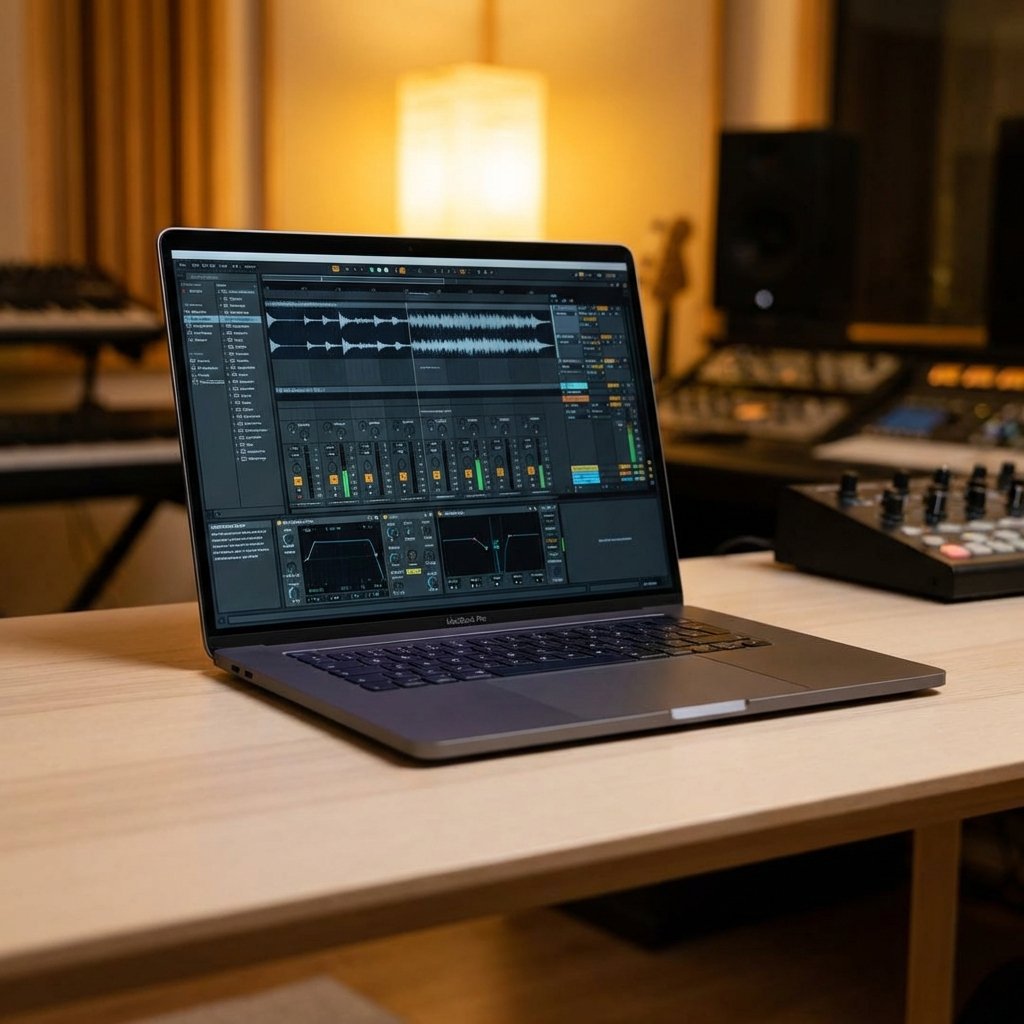 A high-end MacBook Pro open on a minimalist desk displaying a professional music production software with complex waveforms and mixing sliders. The background is a softly blurred modern studio environment with warm ambient lighting. Professional aesthetic, 1:1 aspect ratio, no text.