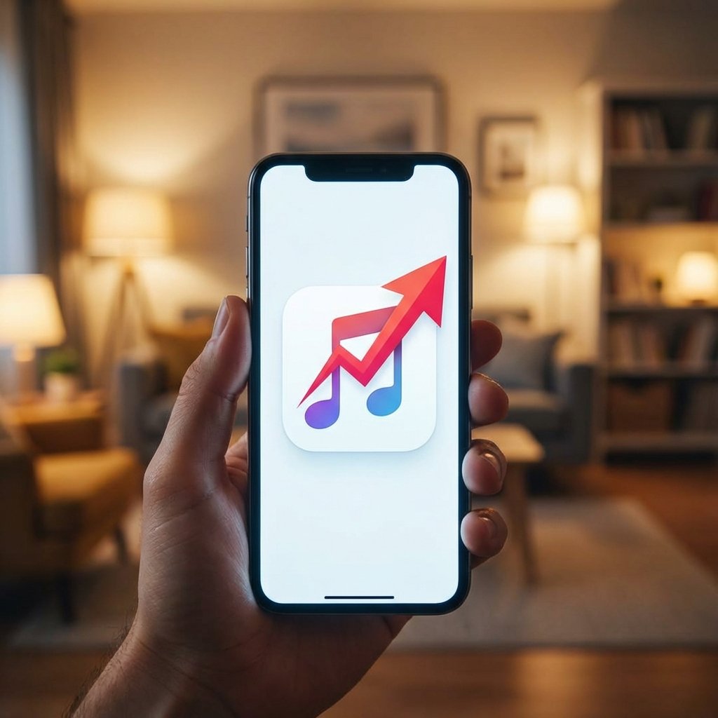 A modern smartphone screen displaying a music streaming app icon with a stylized upward-pointing red arrow indicating a price increase. The background is a blurry modern living room with warm lighting. High quality photography, 1:1 aspect ratio, no visible text.