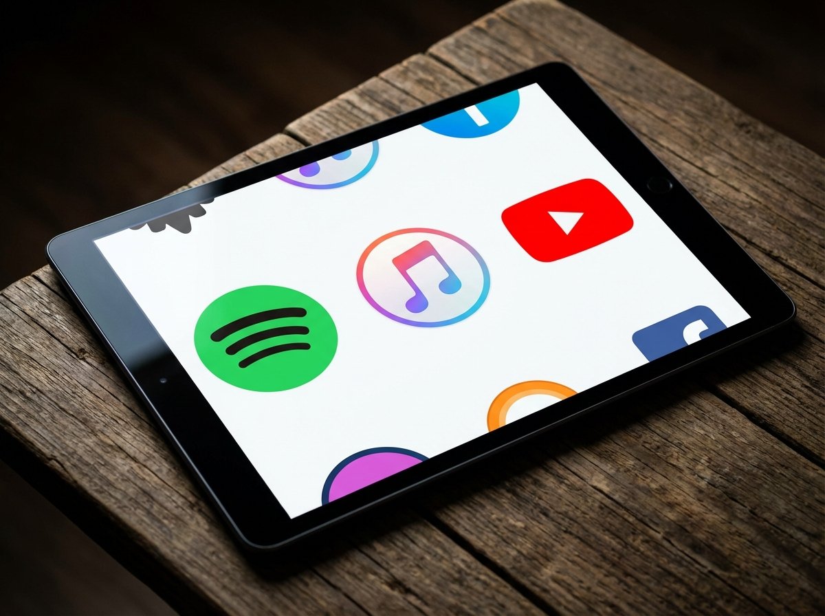 A digital tablet on a wooden table showing various colorful music streaming service icons like a green circle, a colorful note, and a red play button. High contrast, modern layout, clean infographic style, 4:3 aspect ratio, no visible text.