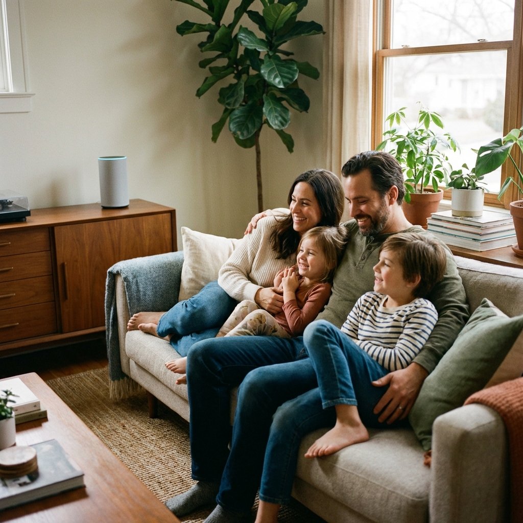 A happy family of four sitting in a cozy living room listening to music coming from a sleek modern smart speaker. Warm and natural lighting, lifestyle photography, 1:1 aspect ratio, no visible text.