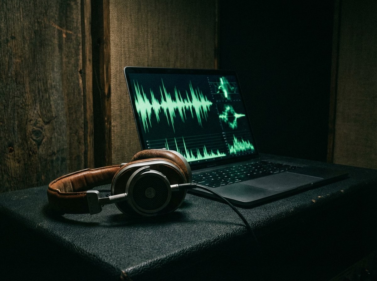 Professional studio headphones lying next to a high-end laptop screen displaying glowing green audio wave patterns. Artistic rendering, textured background, dark and moody lighting, 4:3 aspect ratio, no visible text.