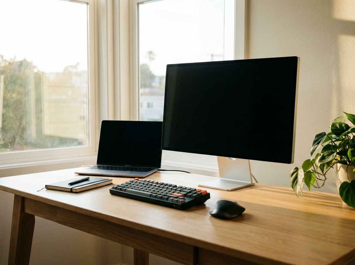 A sleek and modern Apple external display with slim bezels on a minimalist wooden desk, warm natural lighting from a window, professional workspace setup, high-quality photography, 4:3 aspect ratio, no visible text