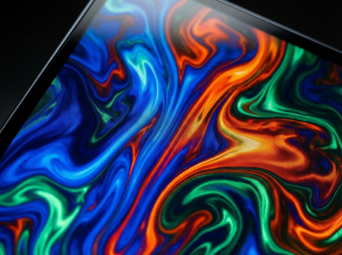 Close up shot of a high-performance LCD display showing vibrant colors and fluid motion graphics, macro photography of screen quality, high contrast, clean studio lighting, 4:3 aspect ratio, no text