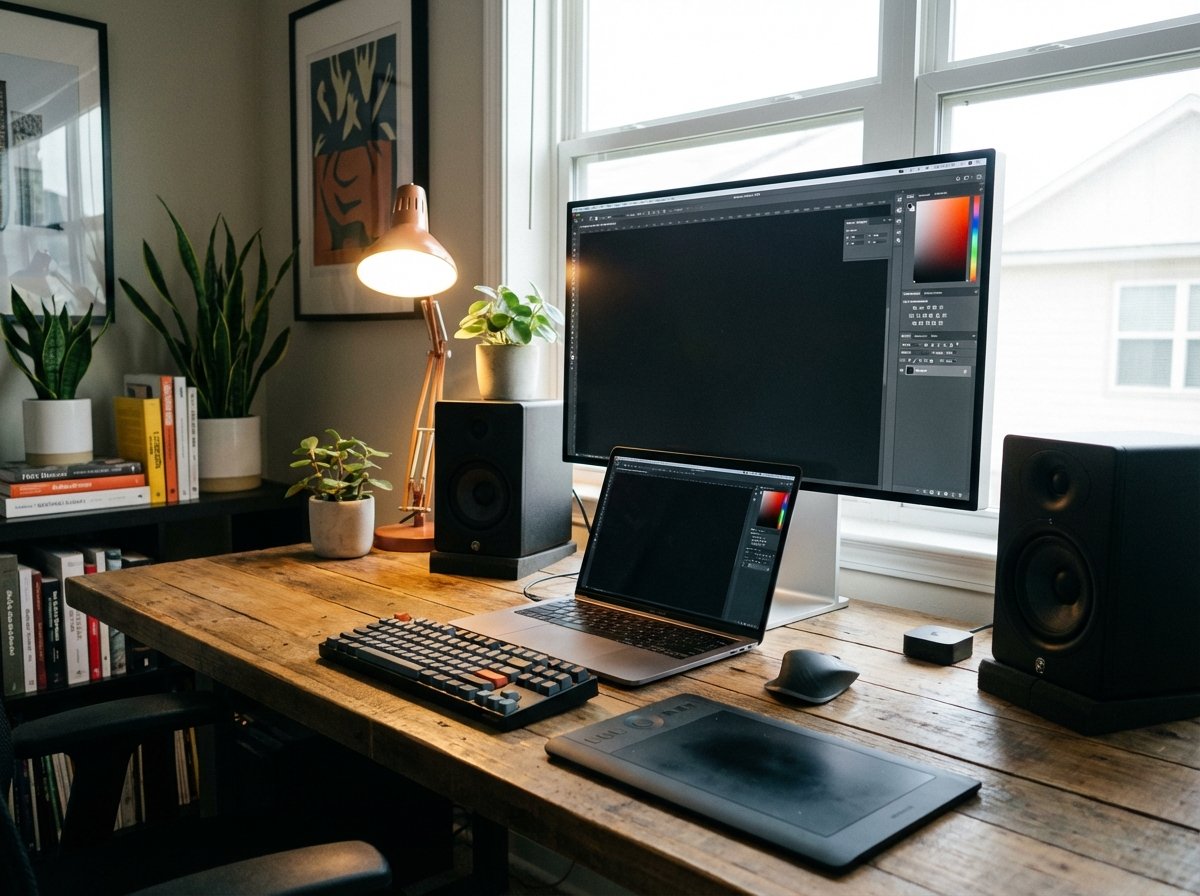 A professional workstation featuring a new MacBook Pro connected to a large high-end external monitor, creative studio environment, realistic indoor lighting, balanced composition, 4:3 aspect ratio, no visible text