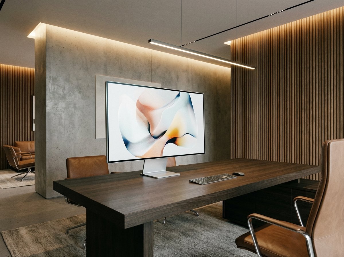 High-end office interior with a focus on a large sleek computer monitor, modern aesthetic, professional lighting, detailed texture, 4:3 aspect ratio, no text