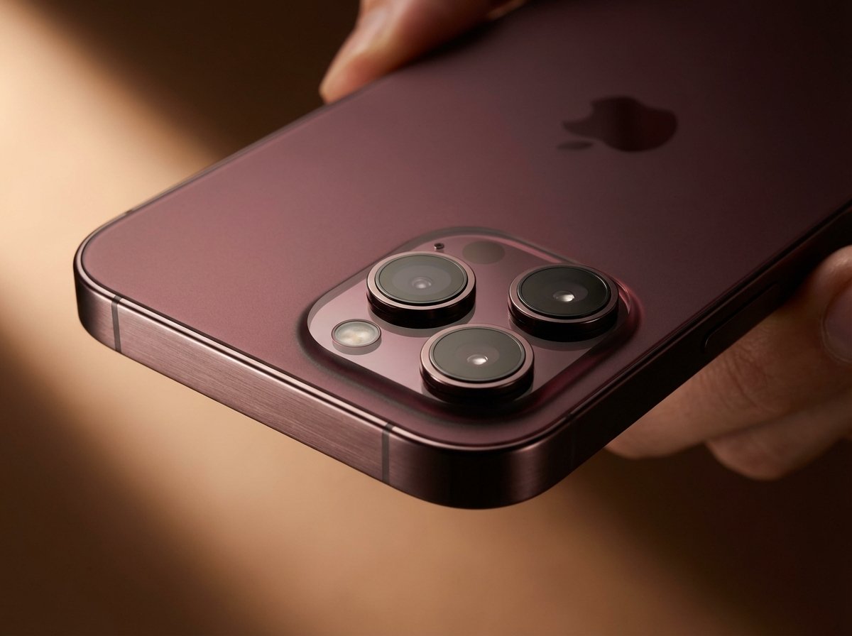 Detailed close-up of a premium smartphone back panel in a deep burgundy color with a frosted glass texture. The camera lenses are arranged in a triangular pattern on a slightly raised platform. Subtle light reflections showing the metallic edges. Lifestyle photography style with warm studio lighting. 4:3 aspect ratio.