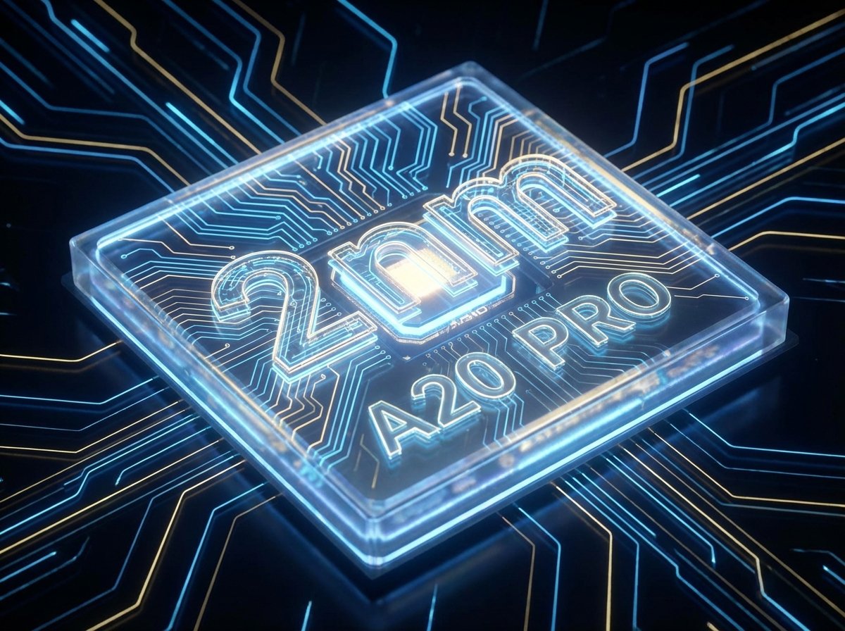 A futuristic digital illustration of a high-performance mobile processor chip. Glow-in-the-dark circuit patterns and 2nm architecture visualization. The chip is labeled A20 PRO in a subtle tech font. Dark background with blue and gold light trails to emphasize speed and power. High contrast 4:3 aspect ratio.