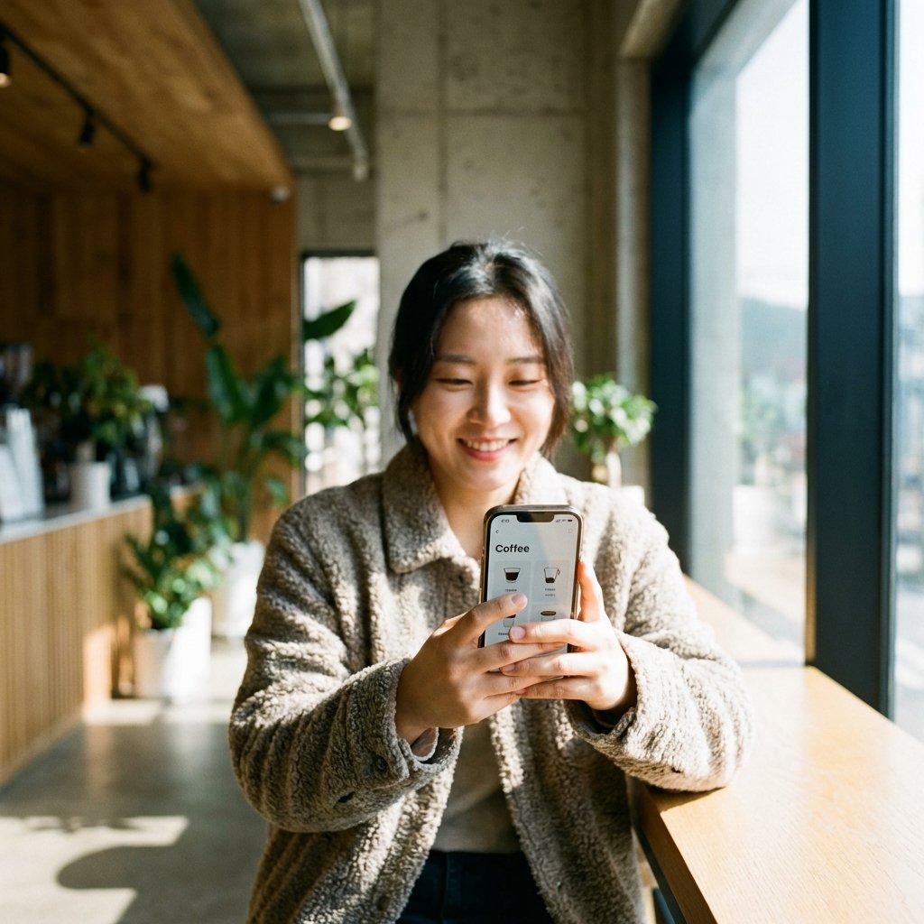A lifestyle shot of a person using a premium smartphone in a modern cafe. Natural daylight coming through a window. The focus is on the screen displaying a clean interface. The person has a Korean appearance and a relaxed expression. High-quality photography with shallow depth of field. 1:1 aspect ratio.