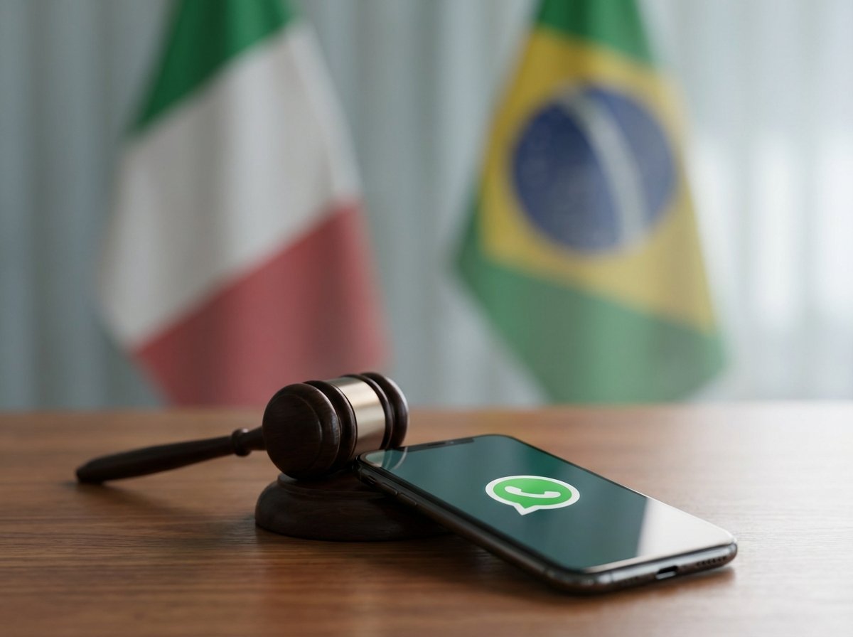 A professional conceptual photo of a wooden gavel resting next to a smartphone showing the WhatsApp logo, with blurred flags of Italy and Brazil in the background, soft lighting, 4:3 aspect ratio, no text.