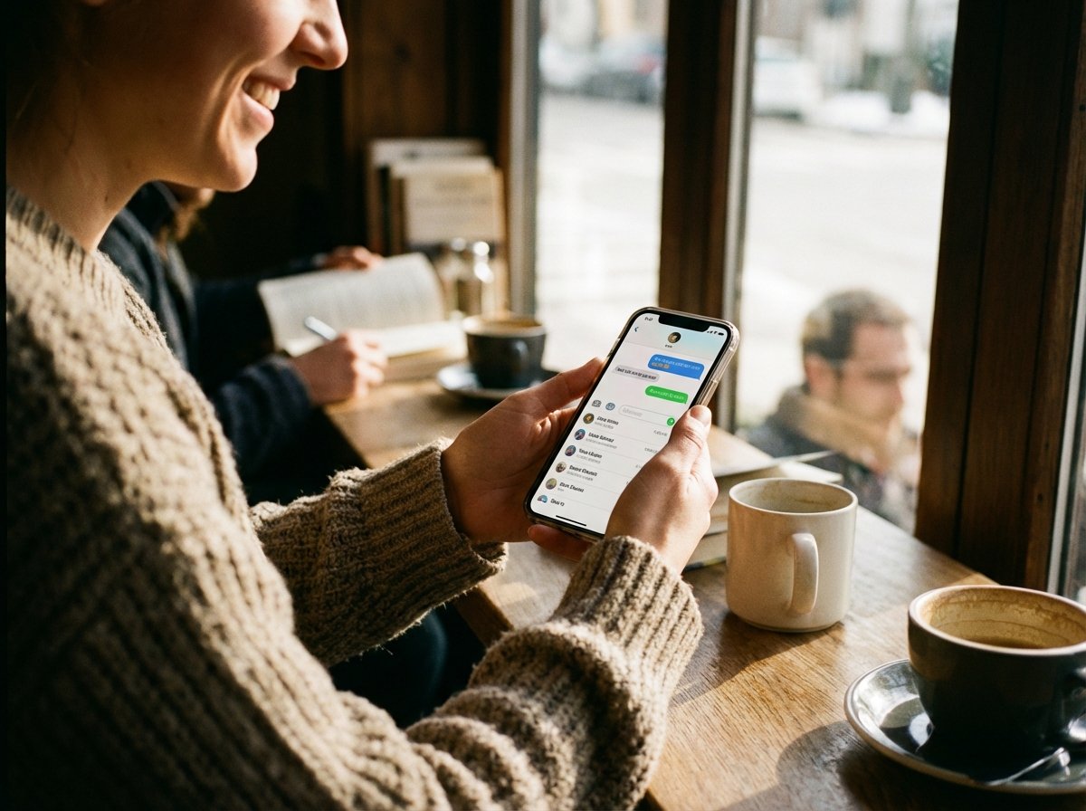 A lifestyle photograph of a person in a cozy cafe, using a high-end smartphone with a chat application open, warm natural lighting, high contrast, 4:3 aspect ratio, no text.