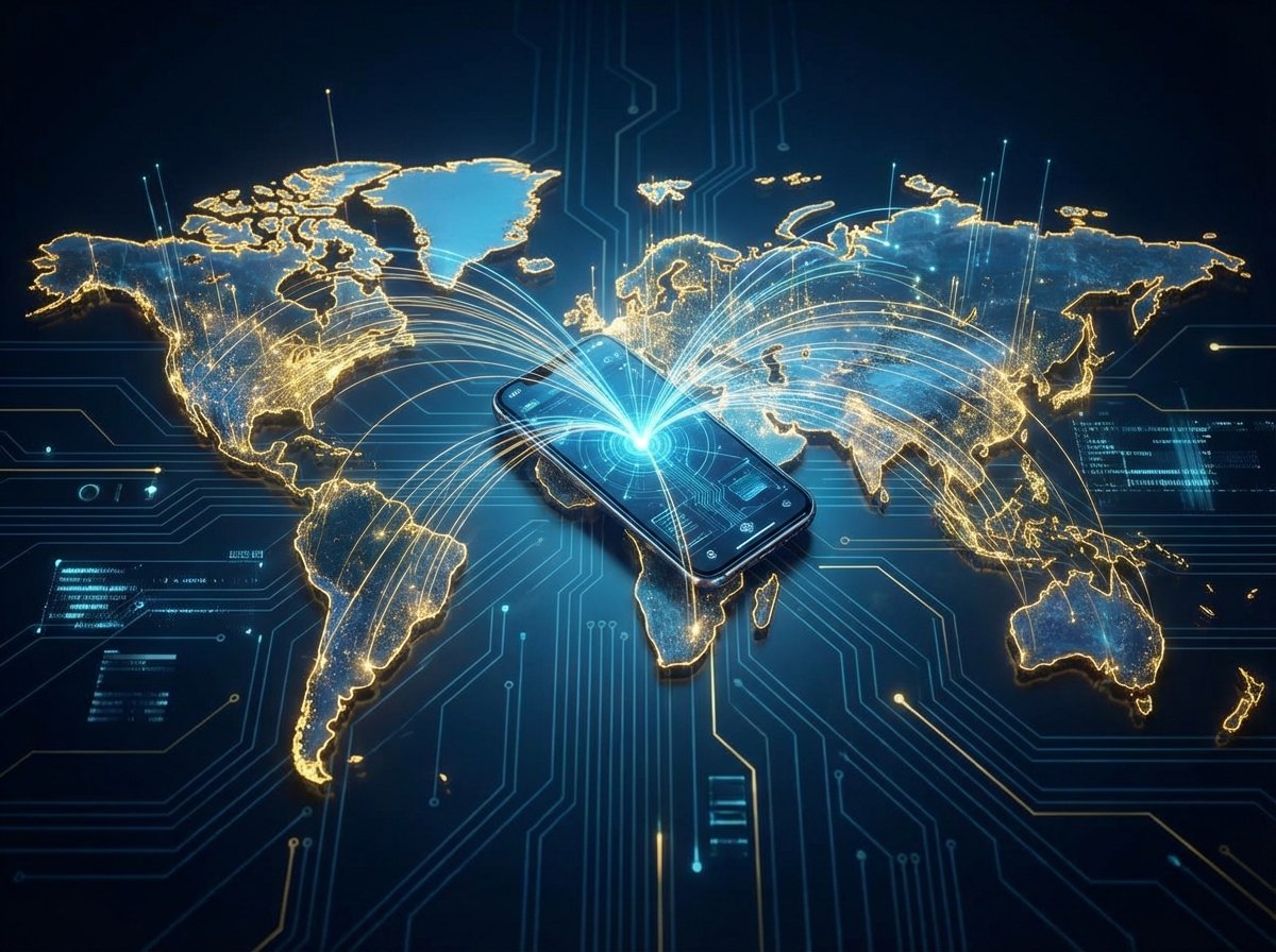 A detailed digital art of a glowing world map with lines connecting different regions to a central smartphone, high-tech aesthetic, dark blue and gold lighting, 4:3 aspect ratio, no text.
