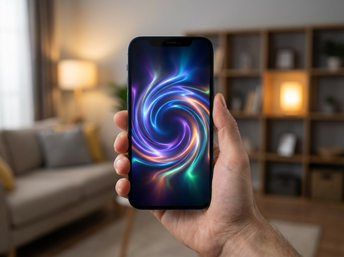 A close-up shot of a modern iPhone held in a hand showing a vibrant and colorful glowing Siri 2.0 interface on the screen. The background is a soft-focus modern living room with warm lighting. 4:3 aspect ratio, no text.