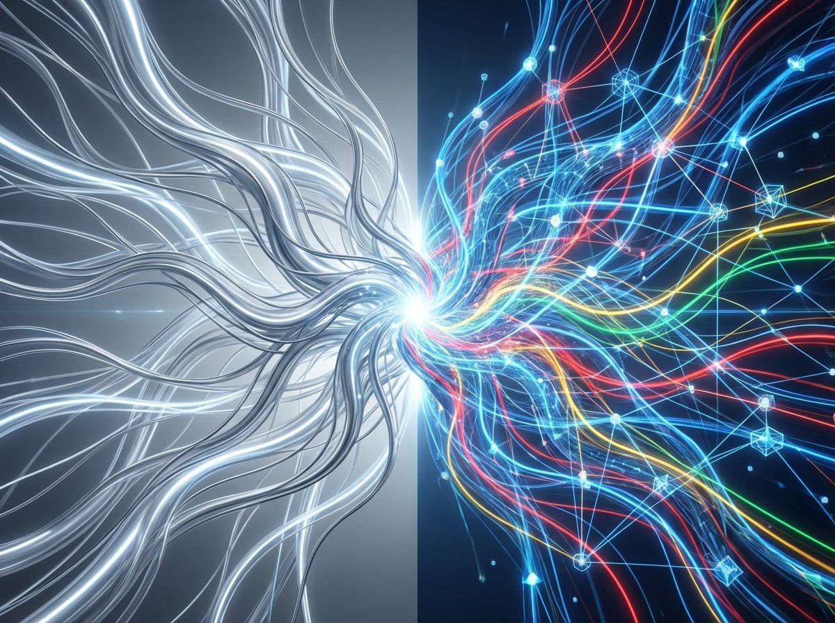 A high-tech digital illustration representing the fusion of two powerful AI systems. Abstract neural networks and glowing data streams in Apple-inspired silver and Google-inspired primary colors. Centered composition, 4:3 aspect ratio, no text.