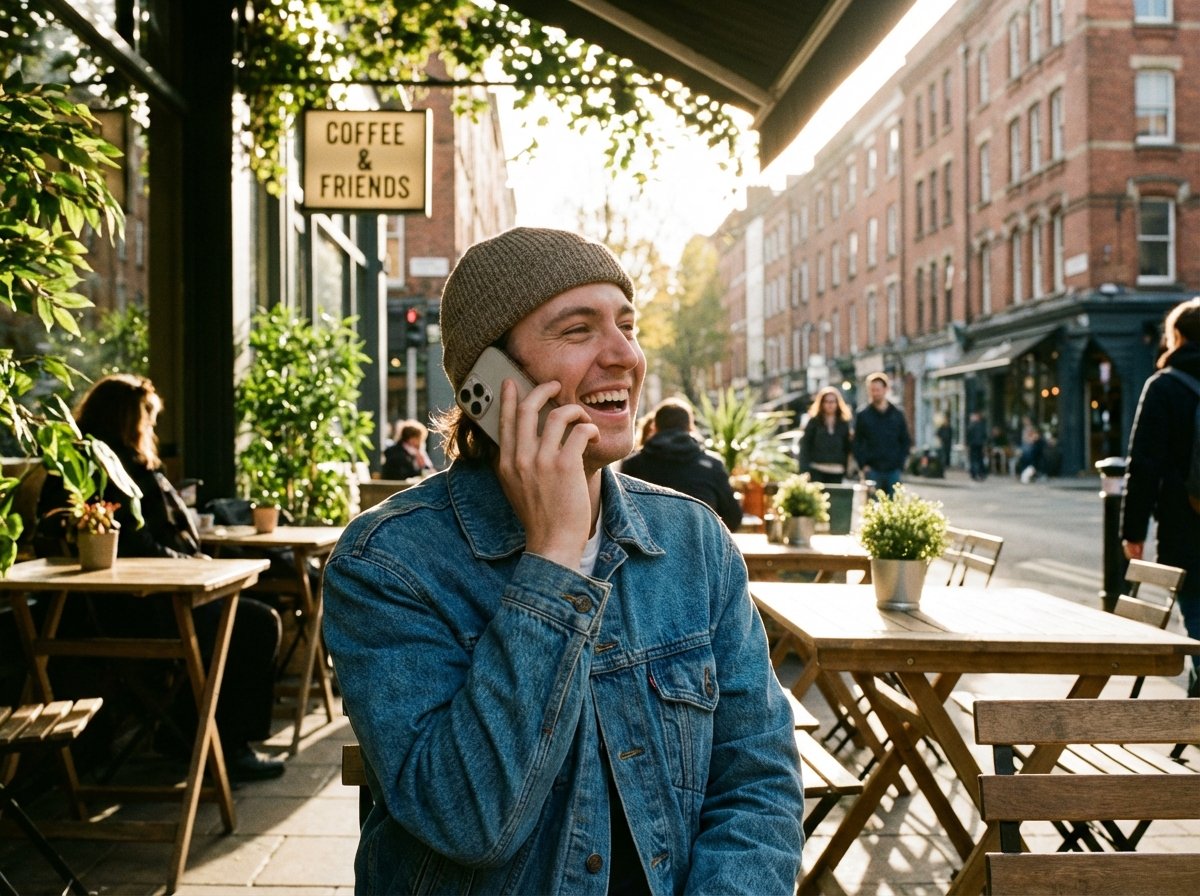 A lifestyle photograph of a person in their late 20s using an iPhone while sitting at a trendy outdoor cafe. They are talking to the phone naturally. Bright morning sunlight, urban background. 4:3 aspect ratio, no text.