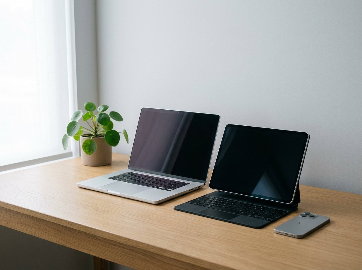 A minimalist and clean desk setup with a MacBook, iPad, and iPhone. A small green plant on the side. The lighting is soft and professional. High-quality photography style. 4:3 aspect ratio, no text.