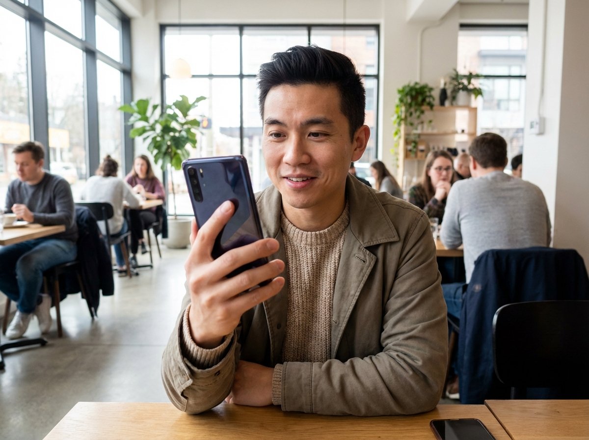 A modern lifestyle photo of a person holding a latest iPhone in a bright cafe setting, looking at the screen with an expectant expression, soft natural lighting, high-quality photography, 4:3 aspect ratio, no text.
