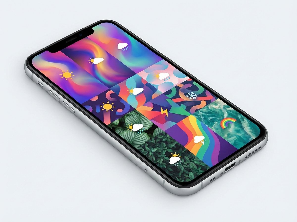 A clean and modern infographic showing a close-up of an iPhone screen displaying various colorful wallpaper options, stylized weather icons, vibrant colors, minimalist design, 4:3 aspect ratio, no text.