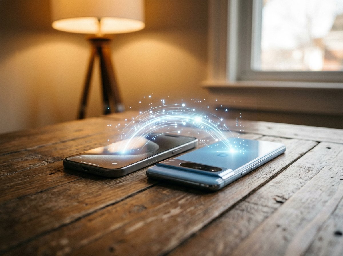 A realistic lifestyle image of an iPhone and an Android smartphone lying next to each other on a wooden table, a glowing digital link connecting them, warm indoor lighting, professional photography, 4:3 aspect ratio, no text.