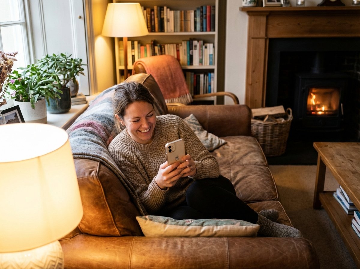 A happy person sitting on a sofa in a cozy living room, looking at their iPhone with a smile, warm ambient lighting, realistic and high-quality photography, 4:3 aspect ratio, no text.