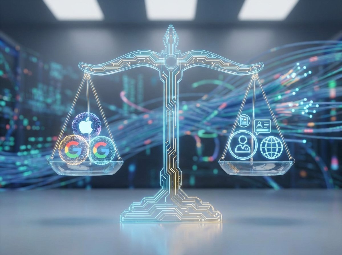 A conceptual illustration of digital justice, featuring a high-tech scale of justice with glowing blue and gold circuits, representing a legal battle between global tech giants, professional lighting, 4:3 aspect ratio, no text.