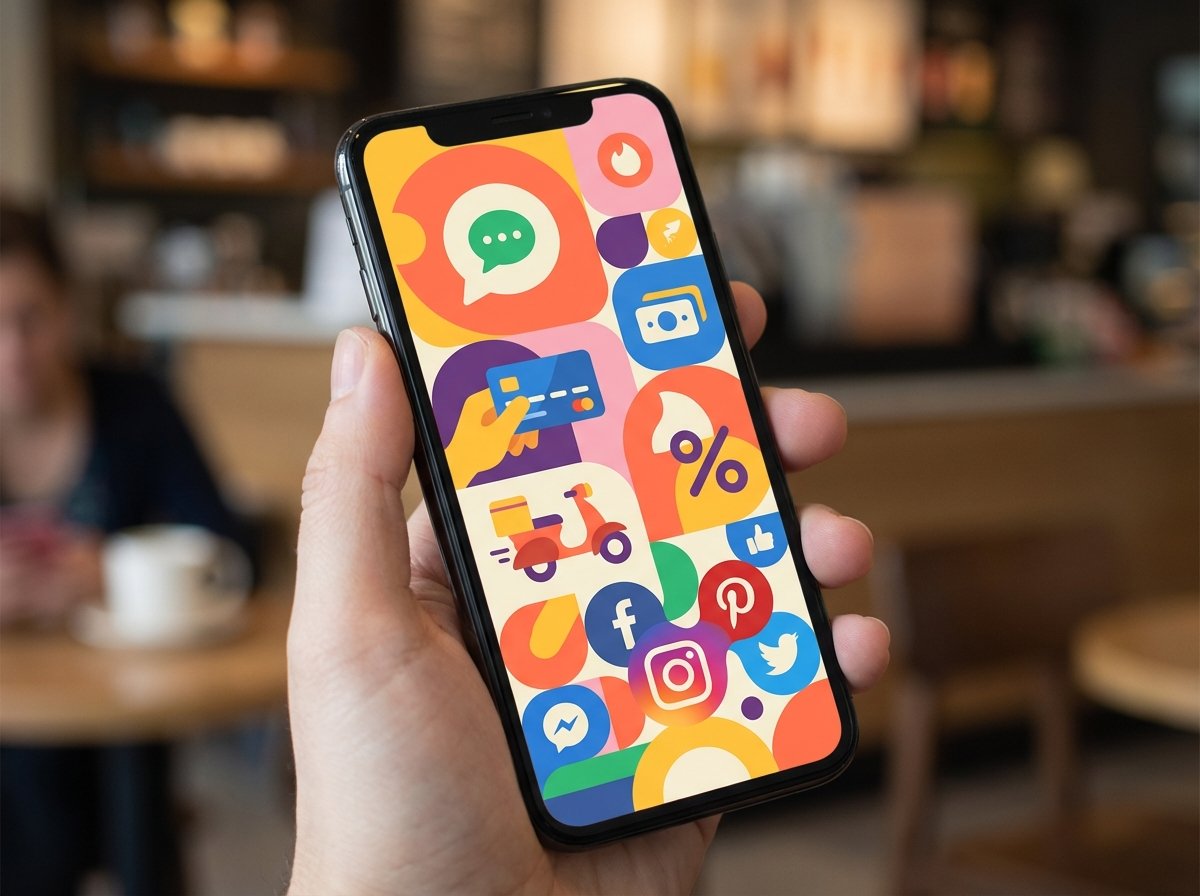 A vibrant smartphone screen displaying various icons for messaging, payments, delivery, and social media, representing the concept of a super app, colorful and modern design, 4:3 aspect ratio, no text.
