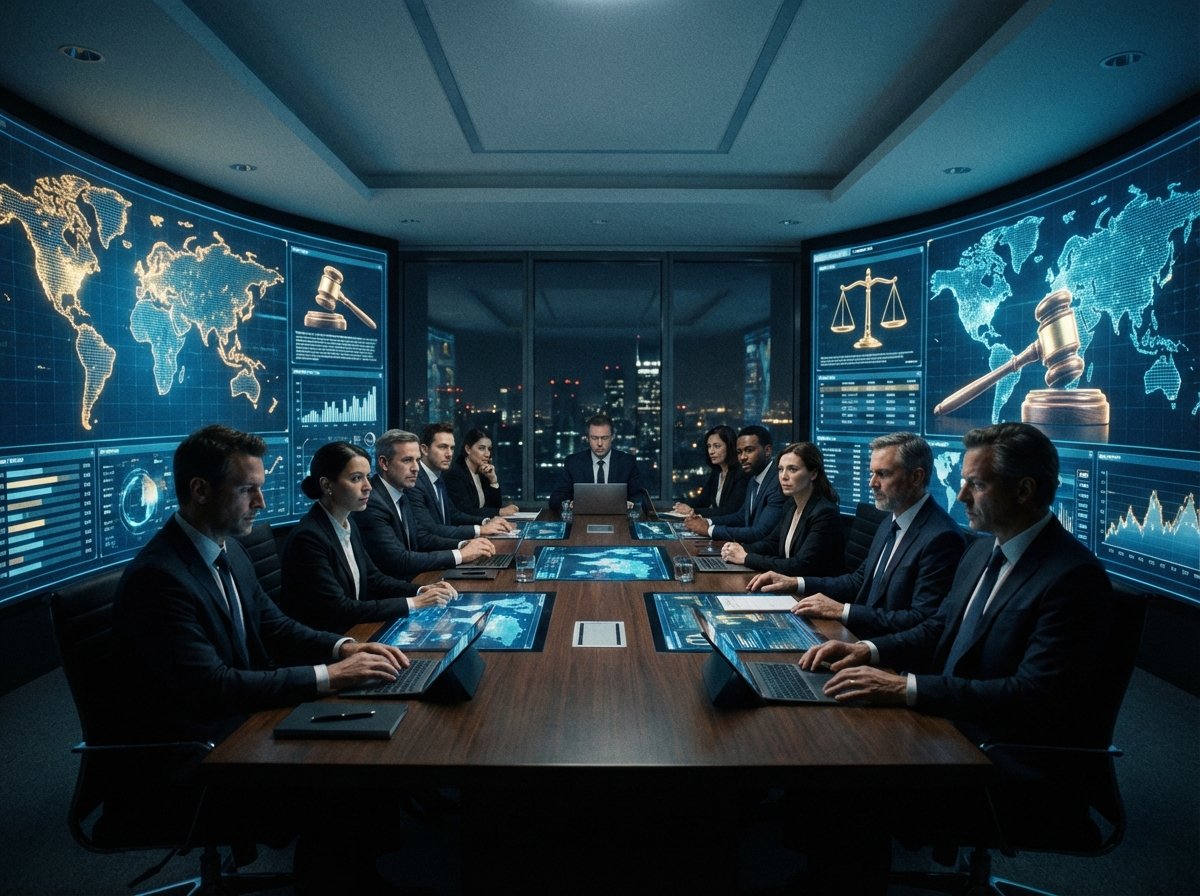 A high-tech boardroom with digital displays showing global maps and legal symbols, a dark and professional atmosphere reflecting high-stakes corporate litigation, 4:3 aspect ratio, no text.