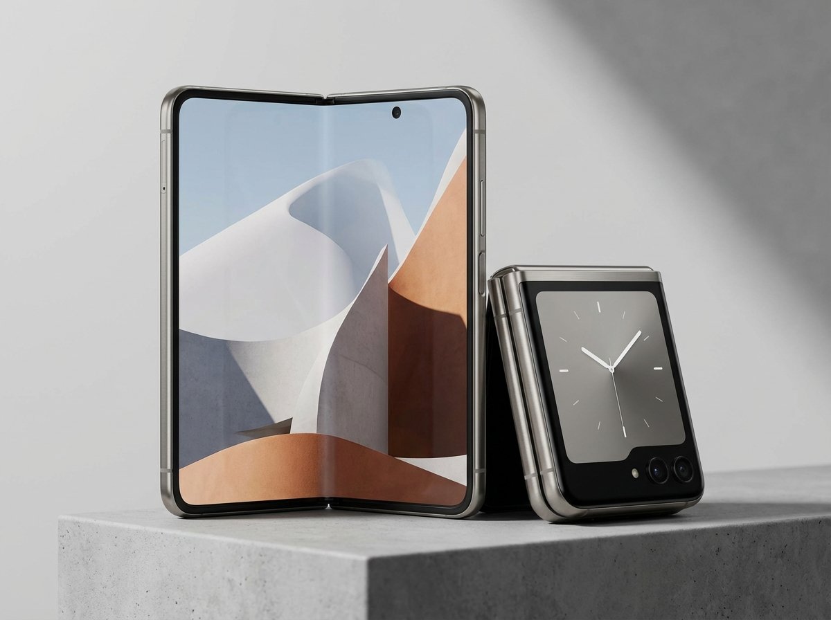 A sleek foldable smartphone with a large 7.8 inch inner display and a 5.3 inch outer display, premium metallic finish, modern design, professional product photography, 4:3 aspect ratio, no visible text