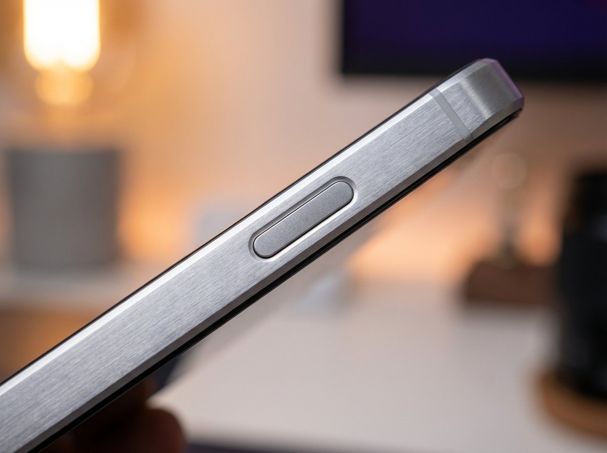 Close up of a modern smartphone side power button with integrated fingerprint sensor, metallic texture, soft focus background, realistic studio lighting, 4:3 aspect ratio, no text