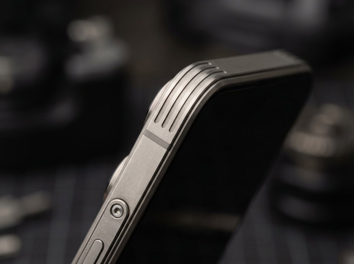 Close up of a smartphone frame made of titanium and aluminum, sleek matte texture, elegant lighting, industrial design aesthetic, 4:3 aspect ratio, no text