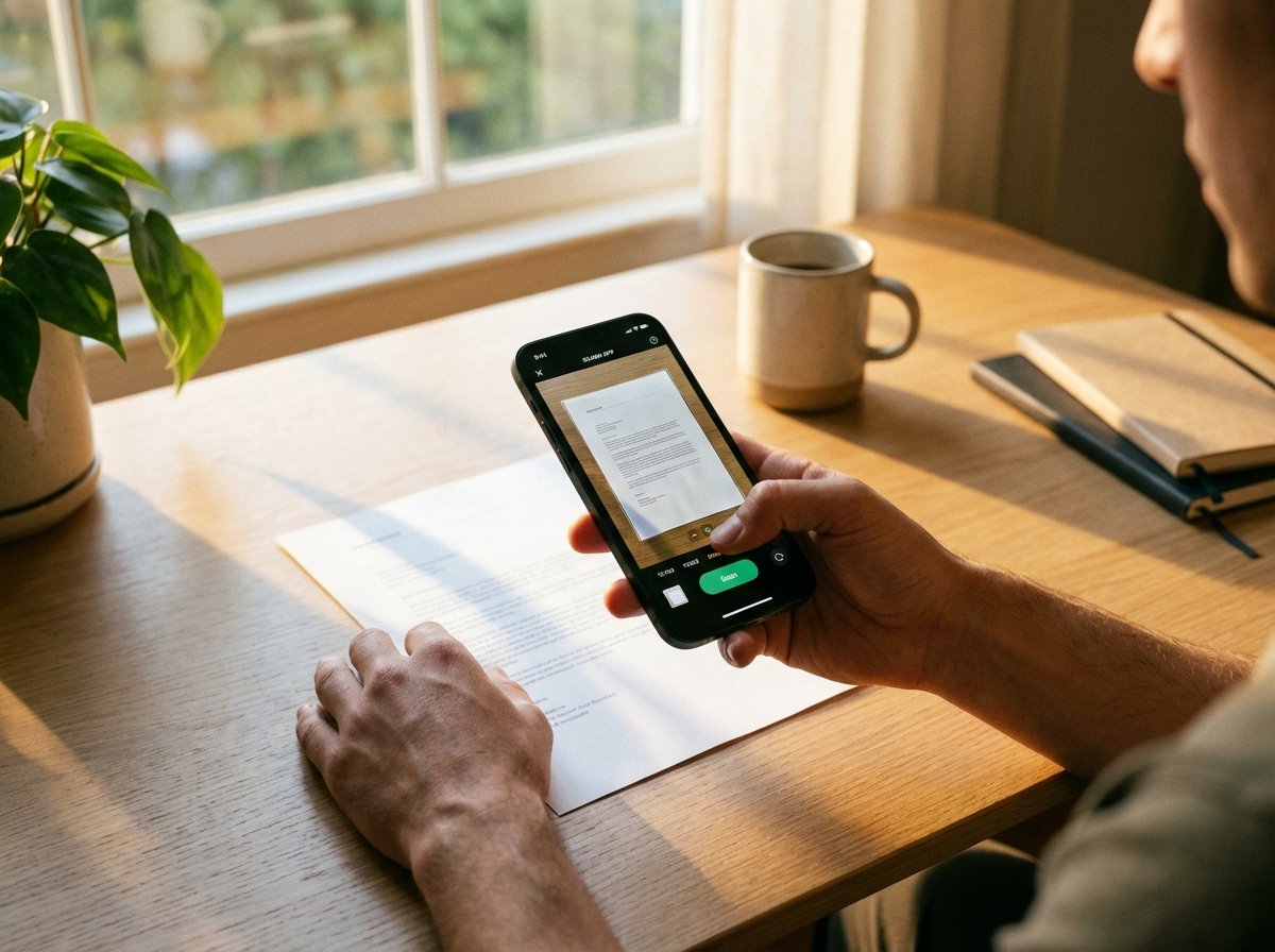 A modern lifestyle photography of a person using an iPhone to scan a paper document on a clean wooden desk. Natural sunlight, warm atmosphere, focused on the phone screen showing a scanning app interface. No text, high quality, 4:3 aspect ratio.