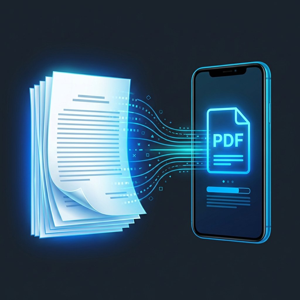 A clean infographic showing a paper document transforming into a glowing blue digital PDF file on a smartphone screen. Modern layout, high contrast, vivid colors, no text, 1:1 aspect ratio.